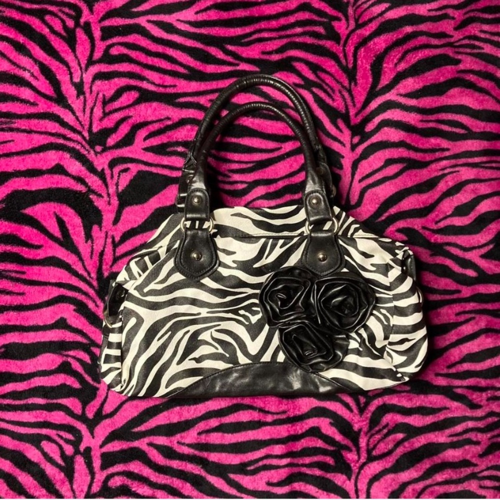 Black & White Zebra Print Satchel Handbag with Rose Accents